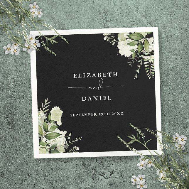 Greenery Floral Elegant Black And White Wedding Napkin (Greenery Floral Elegant Black And White Wedding Napkins)