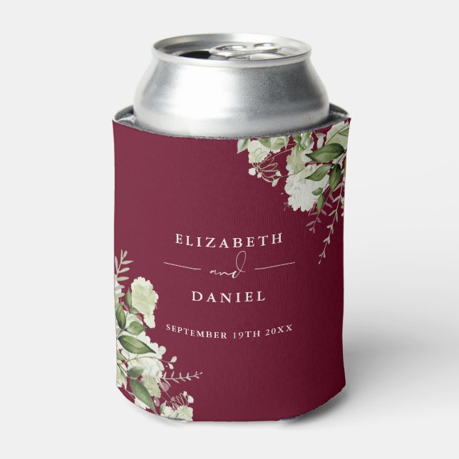 Greenery Floral Elegant Burgundy Wedding Can Cooler (Can Front)