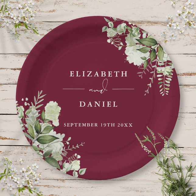 Greenery Floral Elegant Burgundy Wedding Paper Plate (Greenery Floral Elegant Burgundy Wedding Paper Plates)