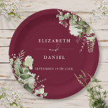 Greenery Floral Elegant Burgundy Wedding Paper Plate<br><div class="desc">Elegant floral greenery burgundy wedding paper plate personalized with your names and special wedding date. Designed by Thisisnotme©</div>