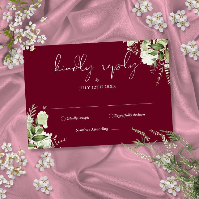 Greenery Floral Elegant Burgundy Wedding RSVP Card (Greenery Floral Elegant Burgundy Wedding RSVP Card)