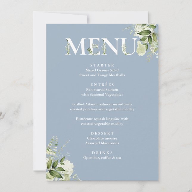 Greenery Floral Elegant Dusty Blue Menu Card Sign (Front)