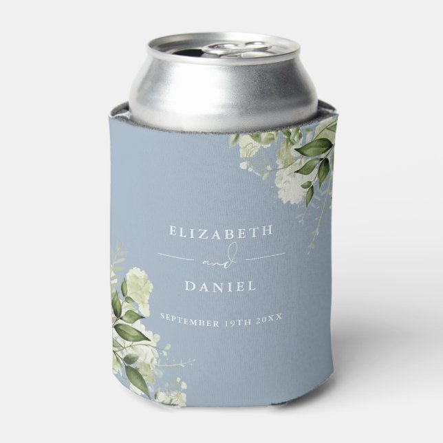 Greenery Floral Elegant Dusty Blue Wedding Can Cooler (Can Front)