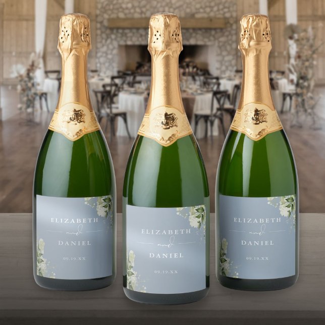 Greenery Floral Elegant Dusty Blue Wedding Sparkling Wine Label (Greenery Floral Elegant Dusty Blue Wedding Sparkling Wine Labe)