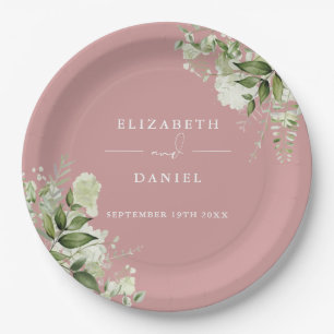 Greenery Floral Elegant Dusty Rose Wedding Paper Plate