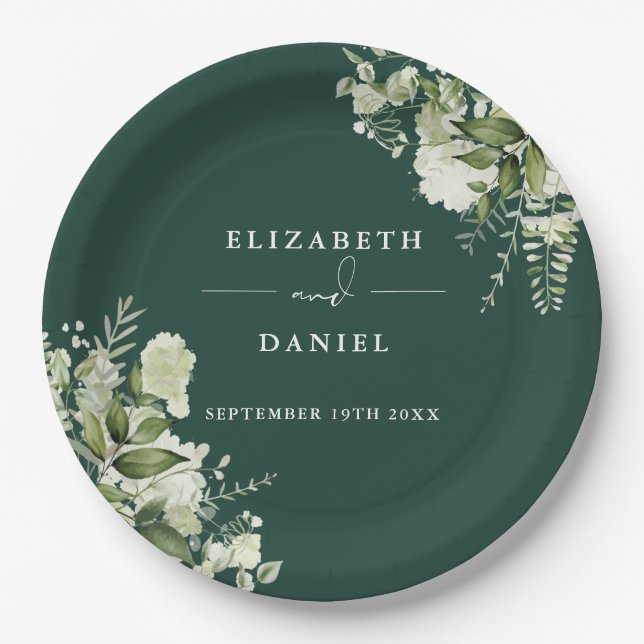 Greenery Floral Elegant Emerald Wedding Paper Plate (Front)