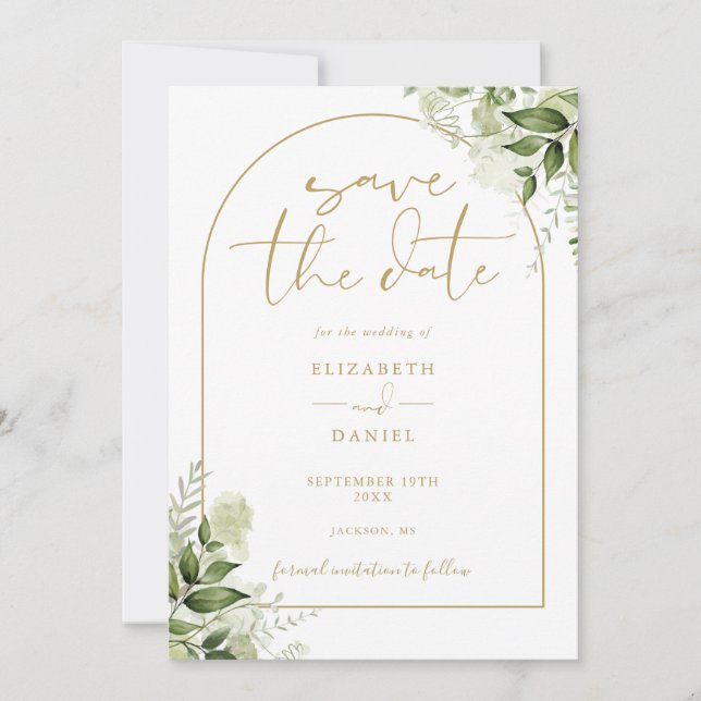 Greenery Floral Elegant Gold Arch Photo Wedding Save The Date (Front)