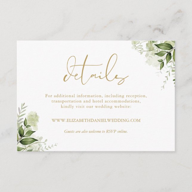 Greenery Floral Elegant Gold Wedding Details Enclosure Card (Front)