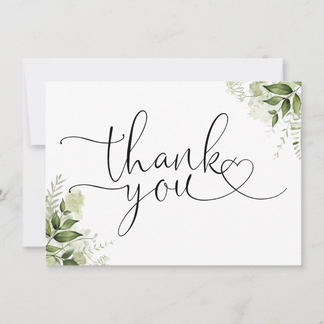 Greenery Floral Elegant Heart Script Thank You Card (Front)