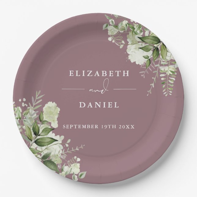 Greenery Floral Elegant Mauve Wedding Paper Plate (Front)