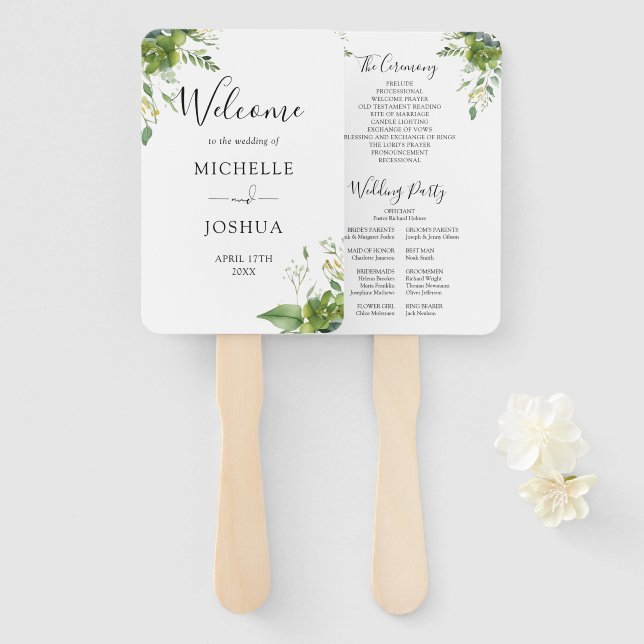 Greenery Floral Elegant Modern Wedding Program Hand Fan (Front and Back)