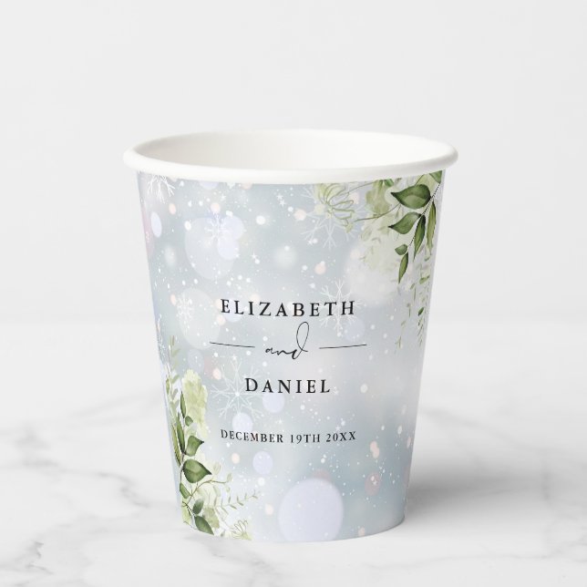 Greenery Floral Elegant Modern Winter Wedding Paper Cups (Front)