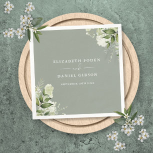 Greenery Floral Elegant Names Date Sage Green Napkin