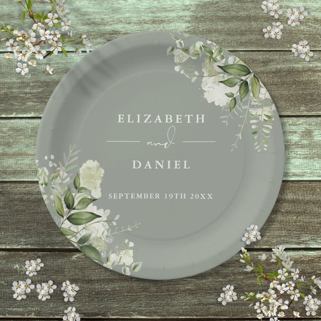 Greenery Floral Elegant Sage Green Wedding Paper Plate (Greenery Floral Elegant Sage Green Wedding Paper Plates)