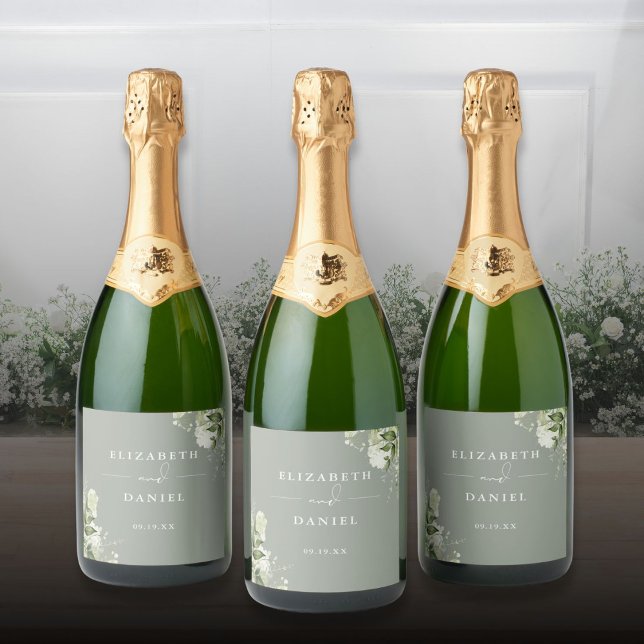 Greenery Floral Elegant Sage Green Wedding Sparkling Wine Label (Greenery Floral Elegant Sage Green Wedding Sparkling Wine Label)