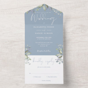 Greenery Floral Elegant Script Dusty Blue Wedding All In One Invitation