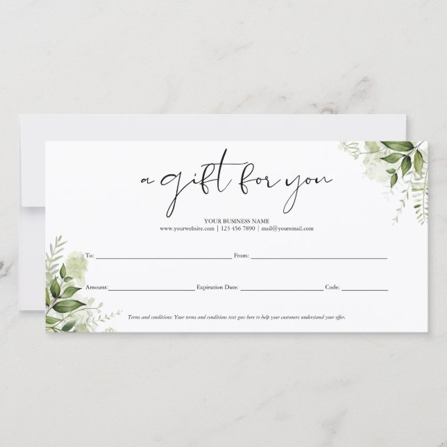 Greenery Floral Elegant Script Gift Certificate (Front)
