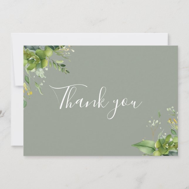 Greenery Floral Elegant Script Sage Green Thank You Card (Front)
