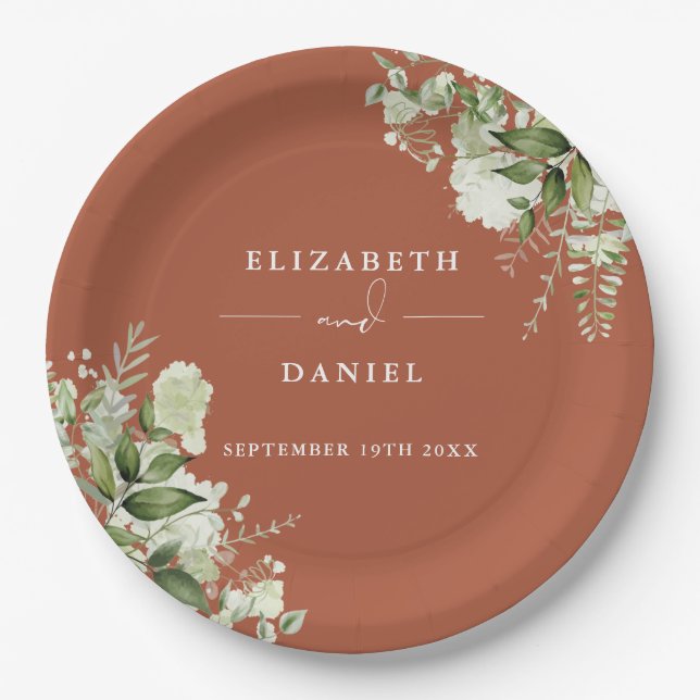 Greenery Floral Elegant Terracotta Wedding Paper Plate (Front)