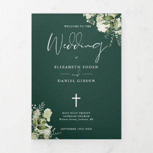 Greenery Floral Emerald Catholic Wedding Mass Tri-Fold Programme