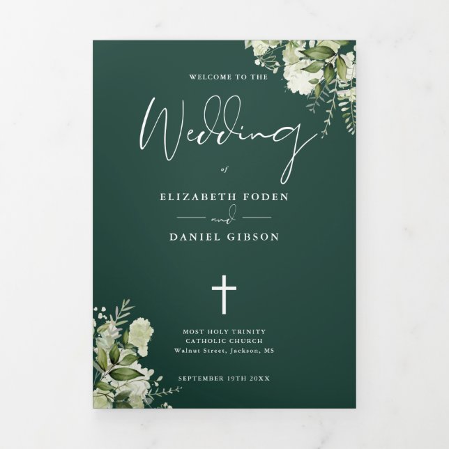 Greenery Floral Emerald Catholic Wedding Mass Tri-Fold Programme (Cover)