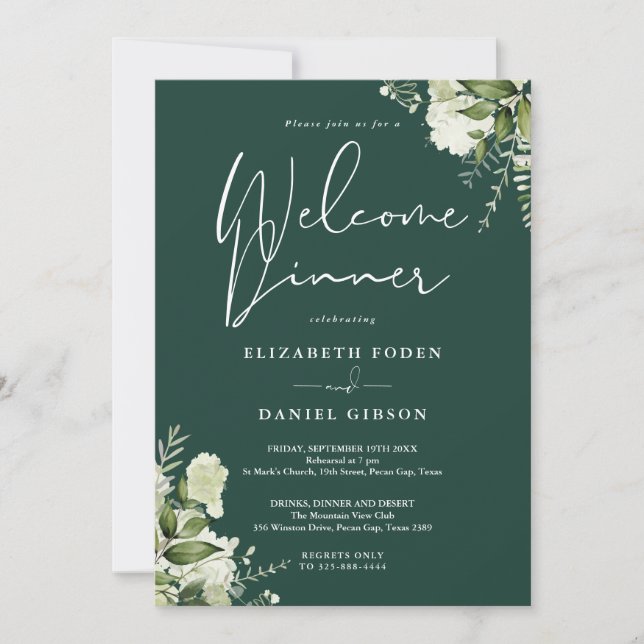 Greenery Floral Emerald Green Welcome Dinner Invitation (Front)
