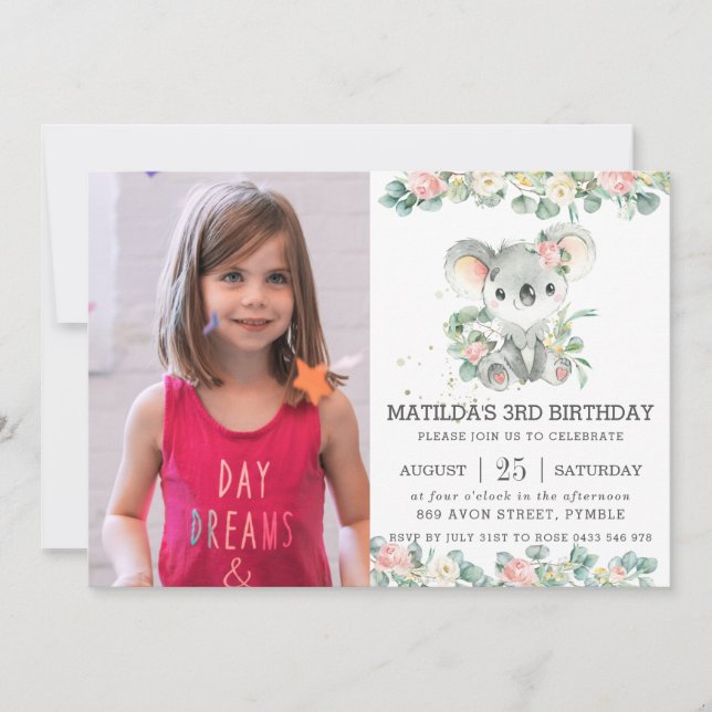 Greenery Floral Eucalyptus Koala Birthday Photo Invitation (Front)