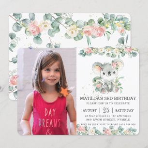 Greenery Floral Eucalyptus Koala Birthday Photo Invitation