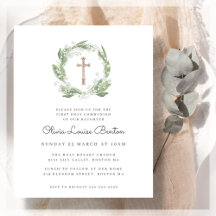 Greenery Floral First Communion Budget Invitation