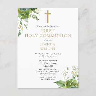 Greenery Floral First Holy Communion Save The Date Postcard