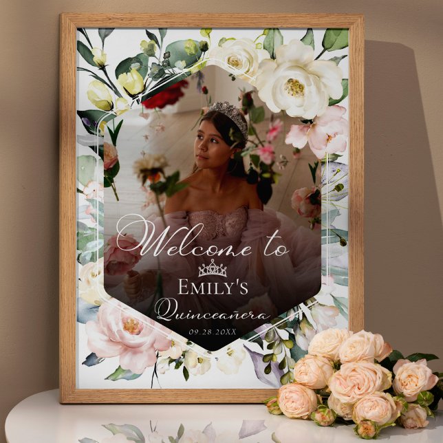 Greenery Floral Frame Photo Quinceañe Welcome Sign (Creator Uploaded)