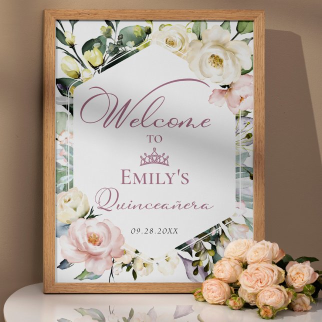 Greenery Floral Frame Quinceañera Welcome Sign (Creator Uploaded)