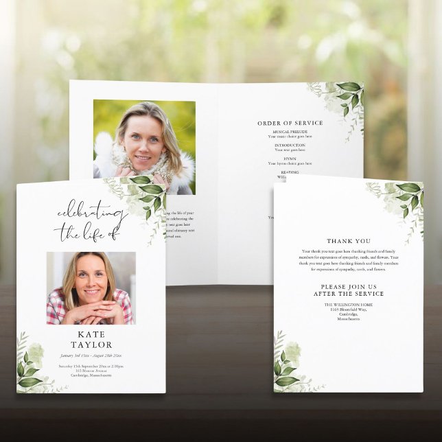 Greenery Floral Funeral Order Of Service Folded Programme (Greenery Floral Funeral Order Of Service Folded Program)
