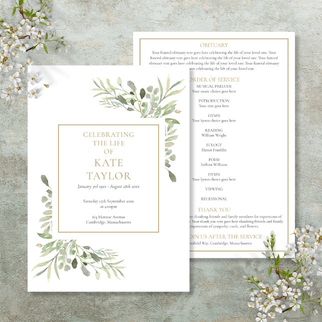 Greenery Floral Funeral Order Of Service Program Invitation (Greenery Floral Funeral Order Of Service Program)