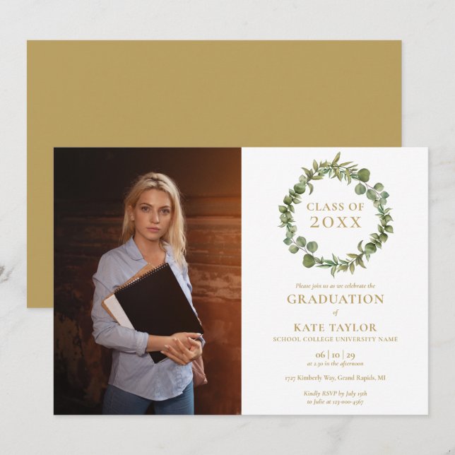 Greenery Floral Garland Photo Graduation Party Inv Invitation (Front/Back)