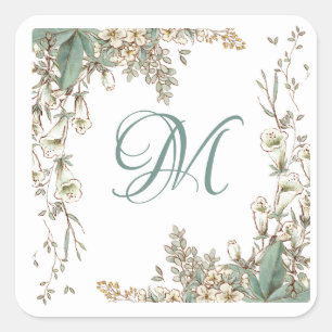 Greenery Floral Garland Script Monogram Elegant Square Sticker