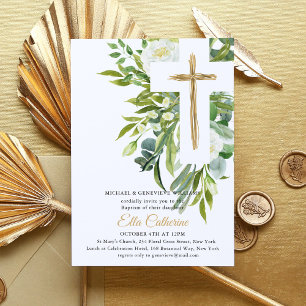 Greenery Floral Gold Cross Baptism Invitation
