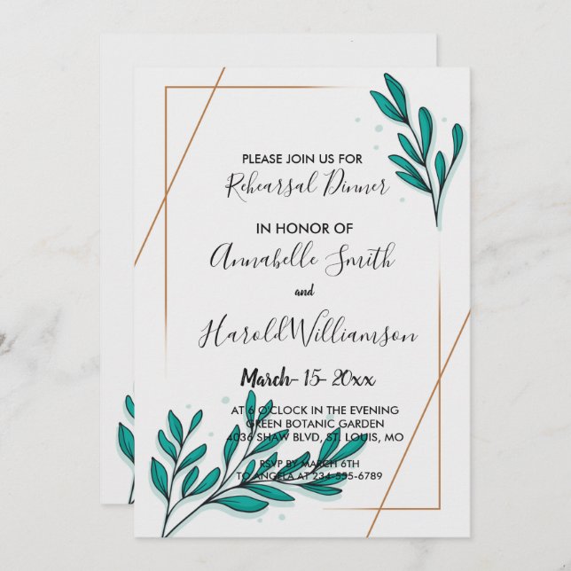 Greenery Floral Gold Foil Leaves Rehearsal Dinner Invitation (Front/Back)