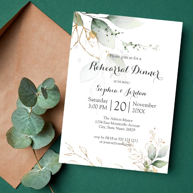 Greenery Floral Gold Foil Leaves Rehearsal Dinner Invitation (Creator Uploaded)
