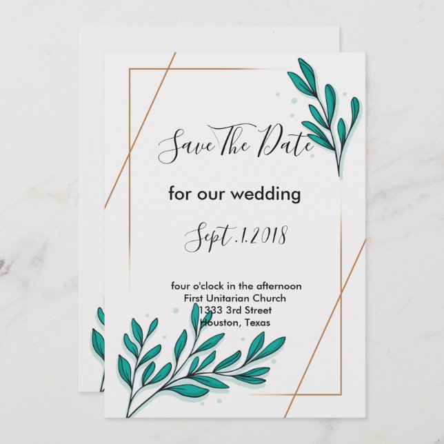 Greenery Floral Gold Foil Leaves  save the date Invitation (Front/Back)