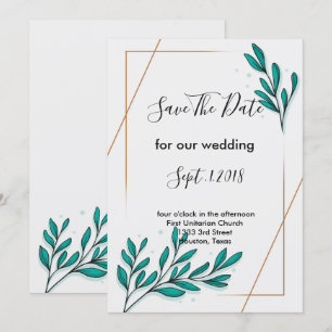 Greenery Floral Gold Foil Leaves  save the date Invitation