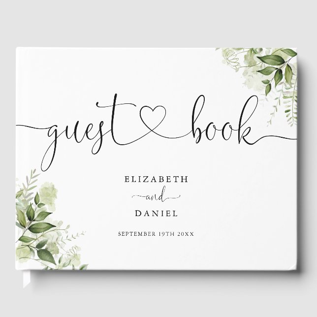 Greenery Floral Heart Script Wedding Guest Book (Front)