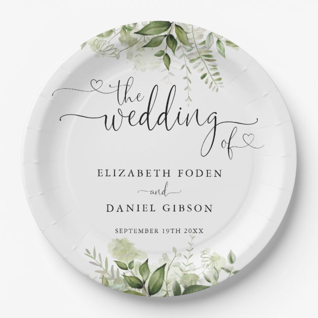 Greenery Floral Heart Script Wedding Paper Plate (Front)
