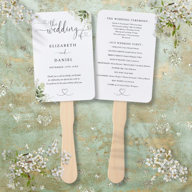 Greenery Floral Heart Script Wedding Program Hand Fan (Greenery Floral Heart Script Wedding Program Hand Fan)