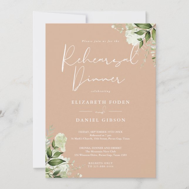 Greenery Floral Modern Tan Rehearsal Dinner Invitation (Front)