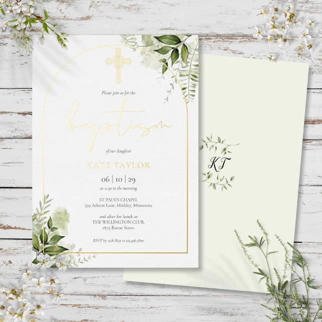 Greenery Floral Monogram Baptism Arch Gold (Greenery Floral Monogram Baptism Arch Gold Foil Invitation)