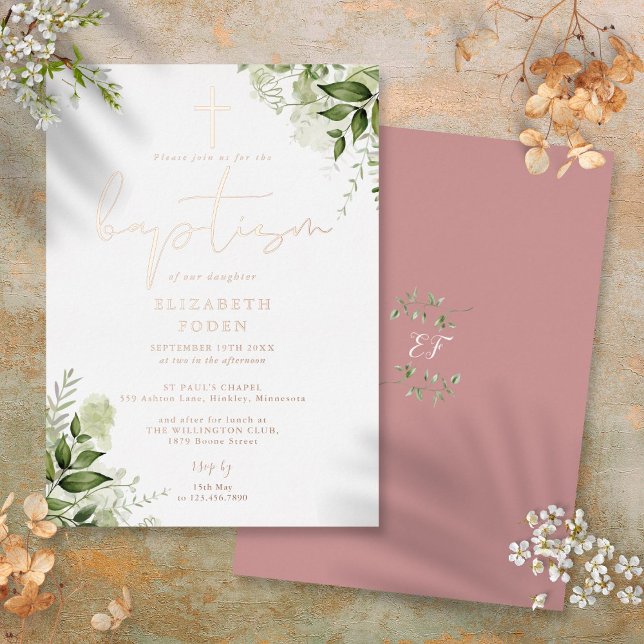 Greenery Floral Monogram Baptism Rose Gold (Greenery Floral Monogram Baptism Rose Gold Foil Invitation)