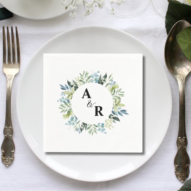 Greenery Floral Monogram Custom Wedding Cocktail Napkin (Creator Uploaded)