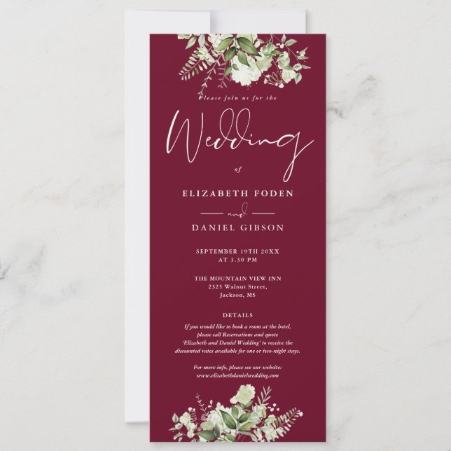 Greenery Floral Monogram Details Burgundy Wedding Invitation (Front)