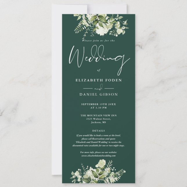 Greenery Floral Monogram Details Emerald Wedding Invitation (Front)
